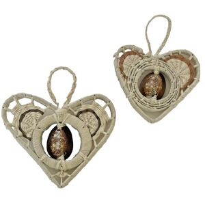 Two Heart Cowrie Shell & Woven Straw Ornaments Wall Hangings Marshall Islands